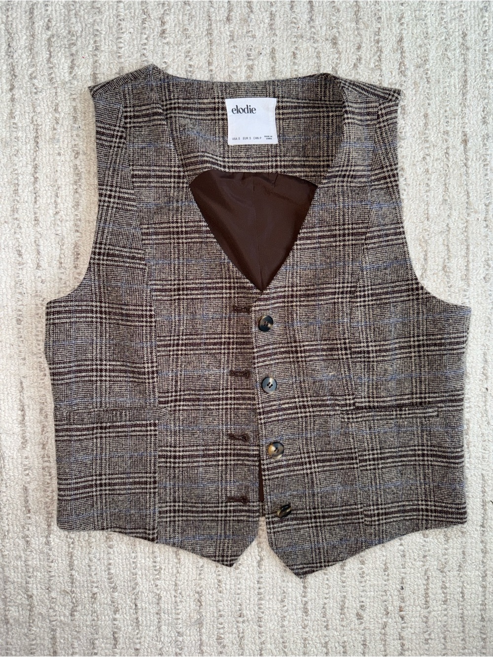 Elodie Brown Plaid Tailored Vest Button Front Size S